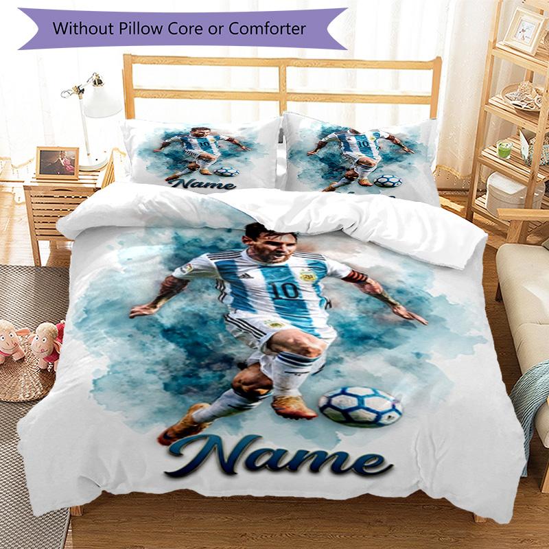 Messi Soccer Player Art Personalized Name Bedding Set,Soft Touch Bed Linen for Kids Bedroom Decor,Perfect Holiday Gift,Machine Washable Duvet Cover wi