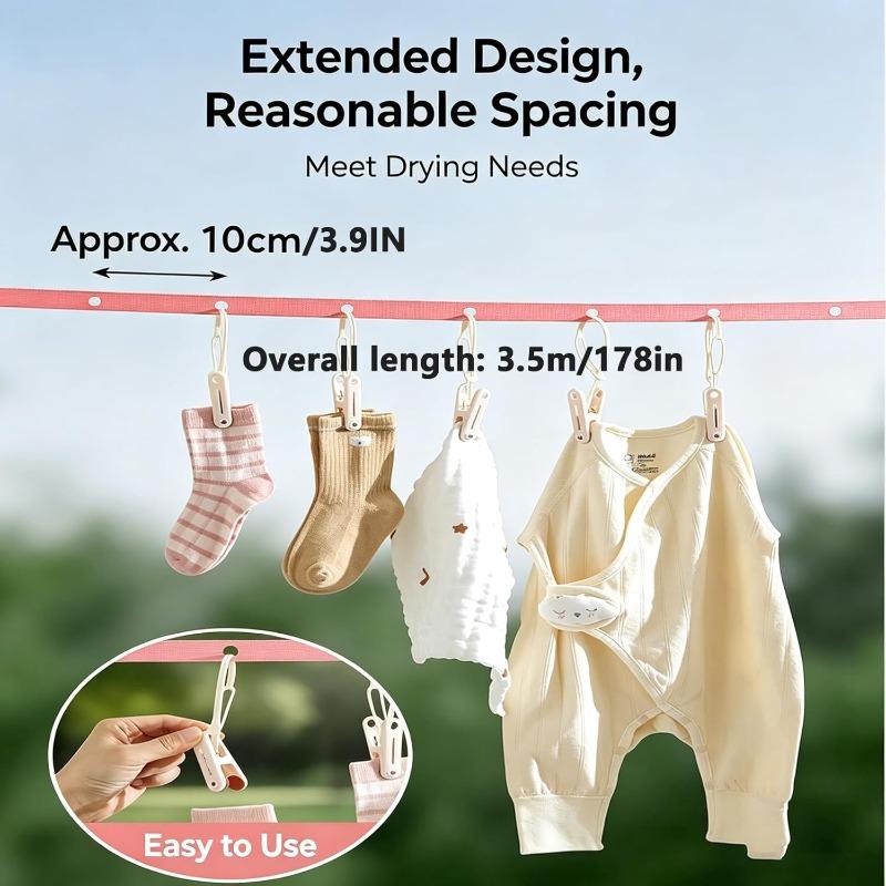 Travel Clothesline 11.5FT Non-slip Windproof Nylon Retractable No Clips Heavy Load for Camping RV Hotel Balcony Patio Backyard