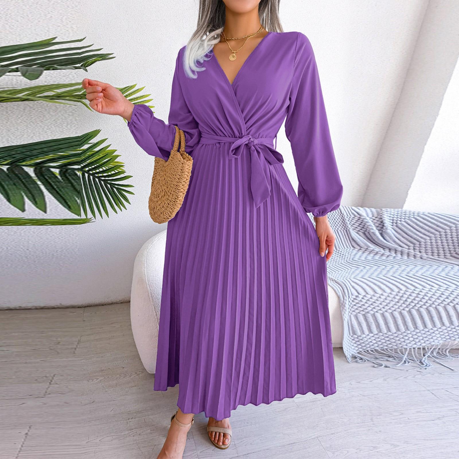 

Женское однотонное длинное платье с высокой талией, длинными рукавами, поясом, V-образным вырезом и складками XL