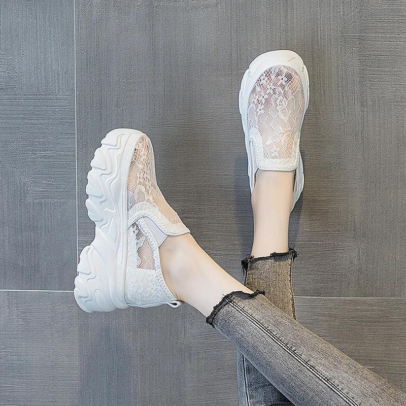 High quality 9cm Air Mesh Lace Platform Wedge Breathable Hollow Women Hidden Heels Sandals Chunky Sneakers Summer Fashion Shoes