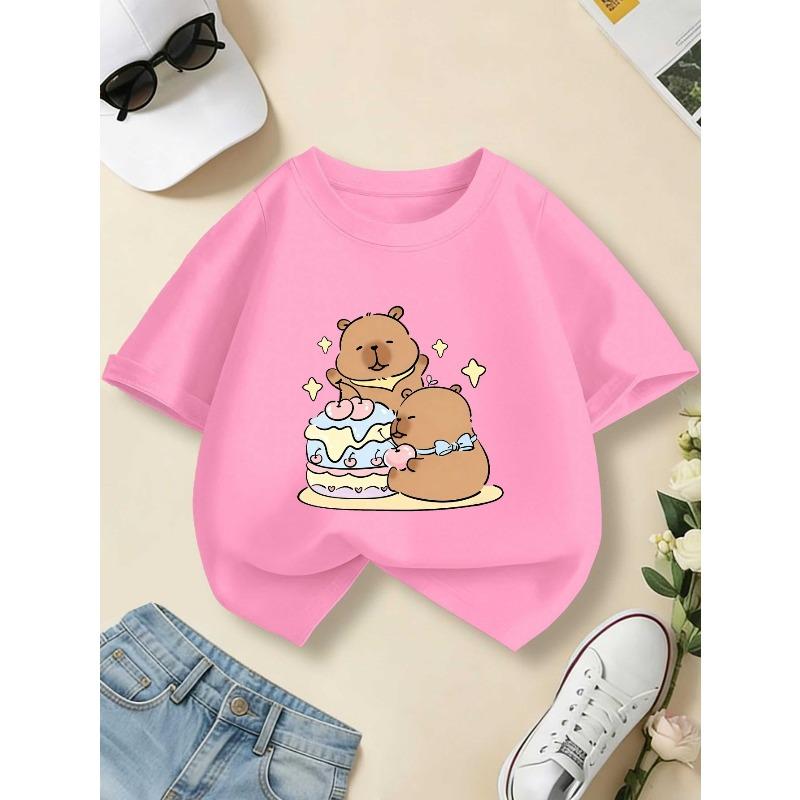 European sizes Children's Summer Short-Sleeve T-Shirt, Cartoon Print Top for Girls, Featuring a Cute Design, Suitable for Outings and Daily