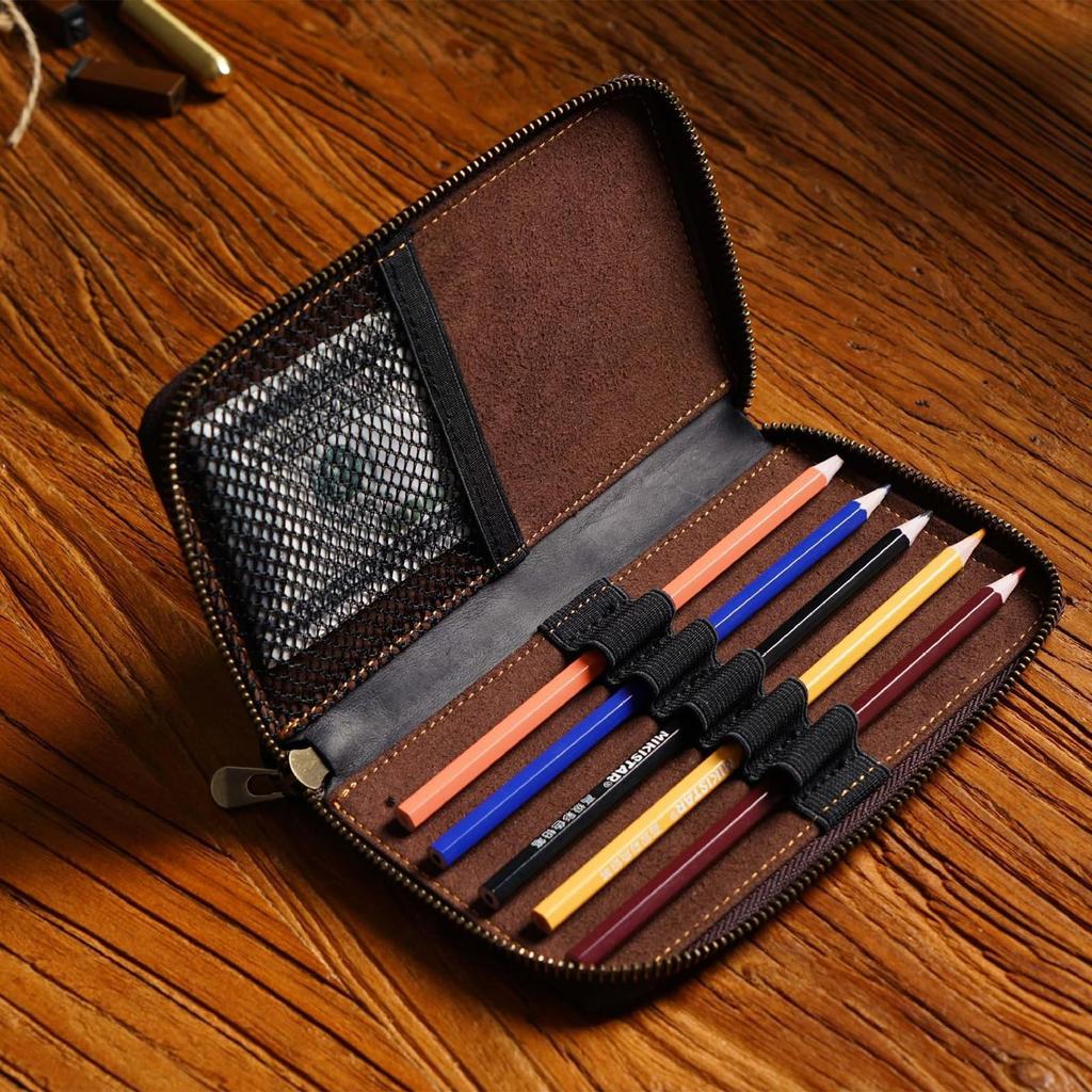 Genuine Leather Pencil Large Fits 5 Fountain Fixed Sleek Small Item Ballpoint Pen Organizer Case, Capacity, Pens, Position, Zipper, Compact,