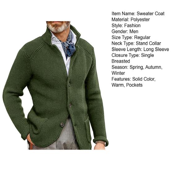 Stand Collar Long Sleeve Pockets Thickened Sweater Coat Men Autumn Winter Solid Color Buttons Placket Knitted Outerwear