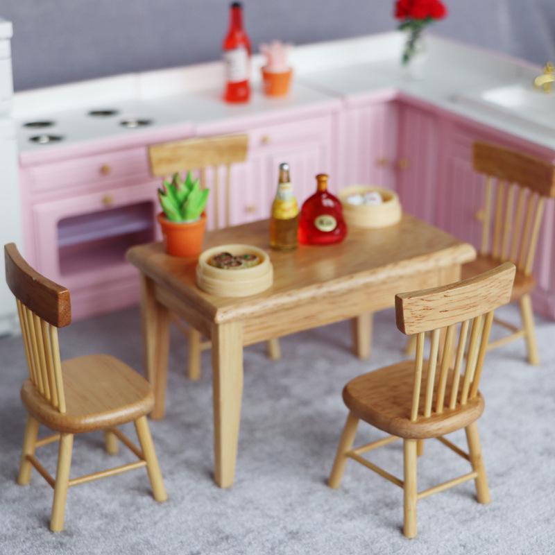 1:12 Dollhouse DIY Table & Chair Mini Set - White/Wood Bamboo Strip Chair for Restaurant Decor