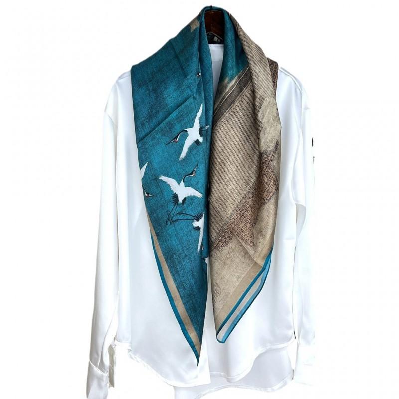 100% Mulberry Silk Scarf 90x90cm Blue Crane Print Square Shawl Women Fashion Commute