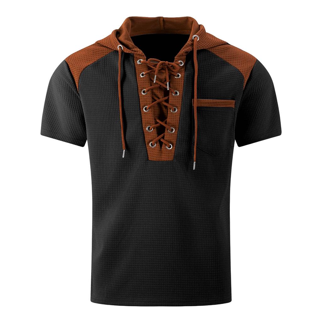 Men's Color Blocked Hooded Top With Pockets Casual And Comfortable Short Sleeved Shirt