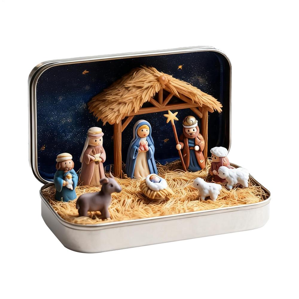 

Nativity Set in a Tin Box Christmas Desktop Seasonal Decoration Nativity Scene Decor for Church Groups Collectors School