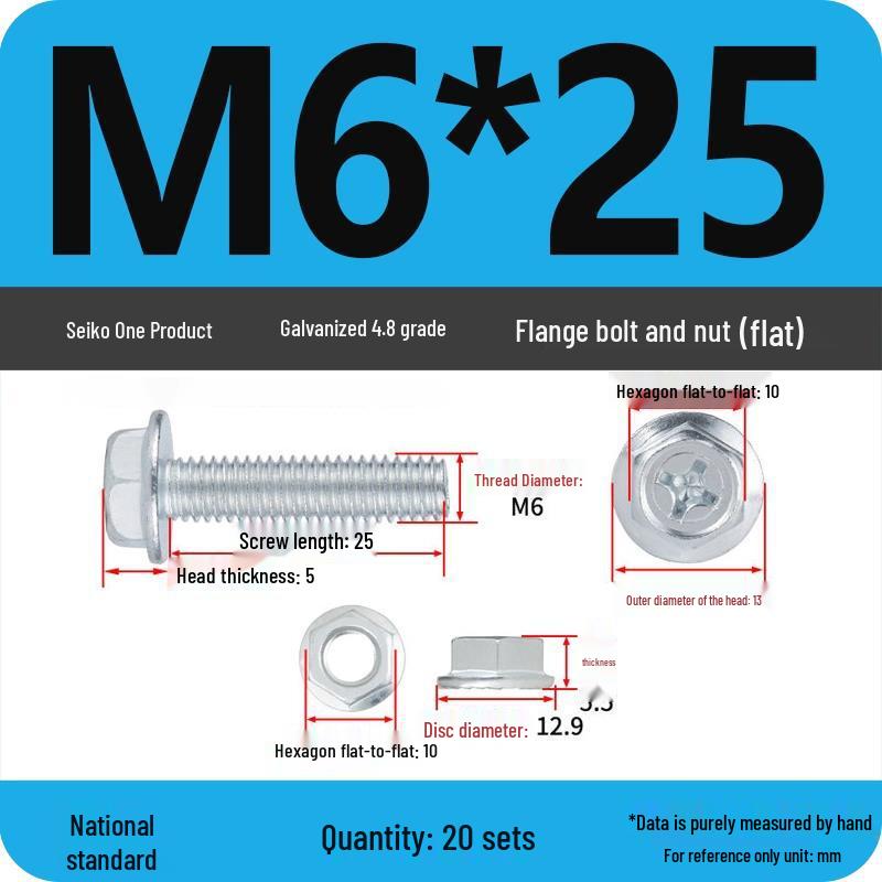 Galvanized Hex Bolt & Nut Set with Washer, Anti-slip, 4.8 Grade, Cross Flange Head, M4-M8 Sizes.