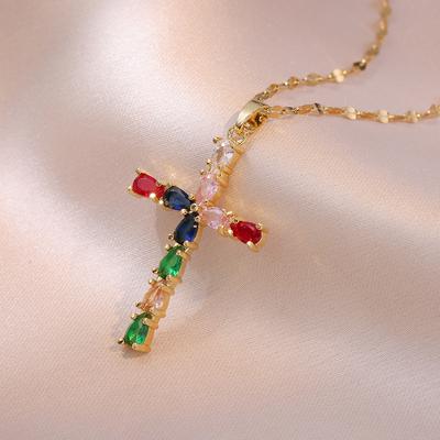 Colorful Zircon Cross Pendant Necklaces for Women Girls Stainless Steel Trendy Romantic Jewelry Accessories Gifts