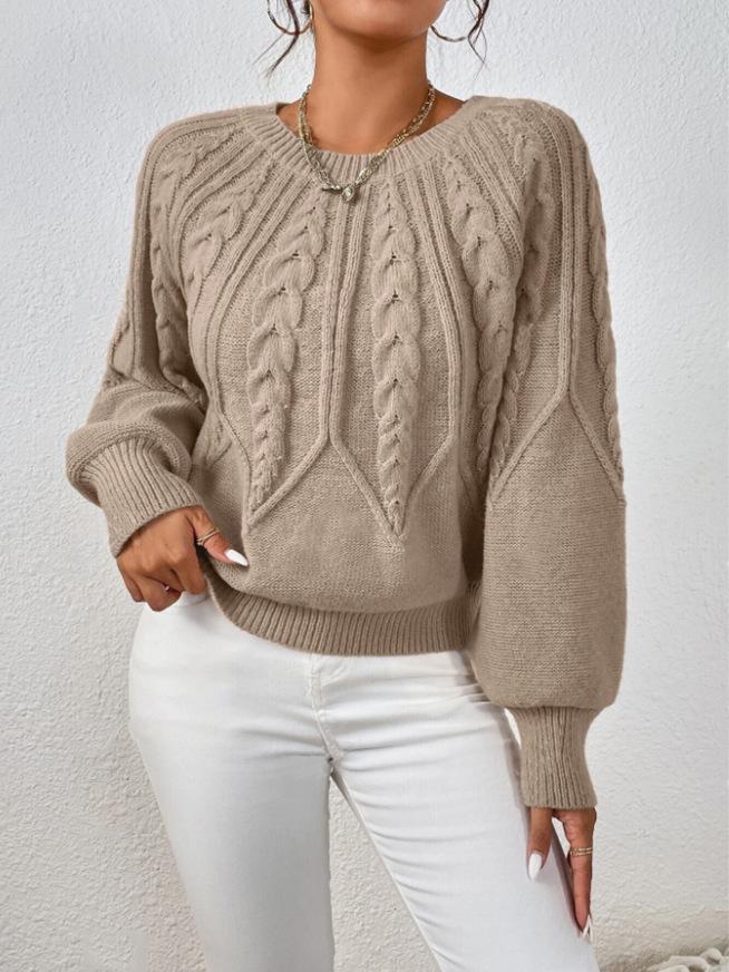 Women's Knit Pullover Sweater Crew Neck Long Sleeve Cable Knit Pattern Ribbed Hem and Cuffs Casual Loose Fit Top