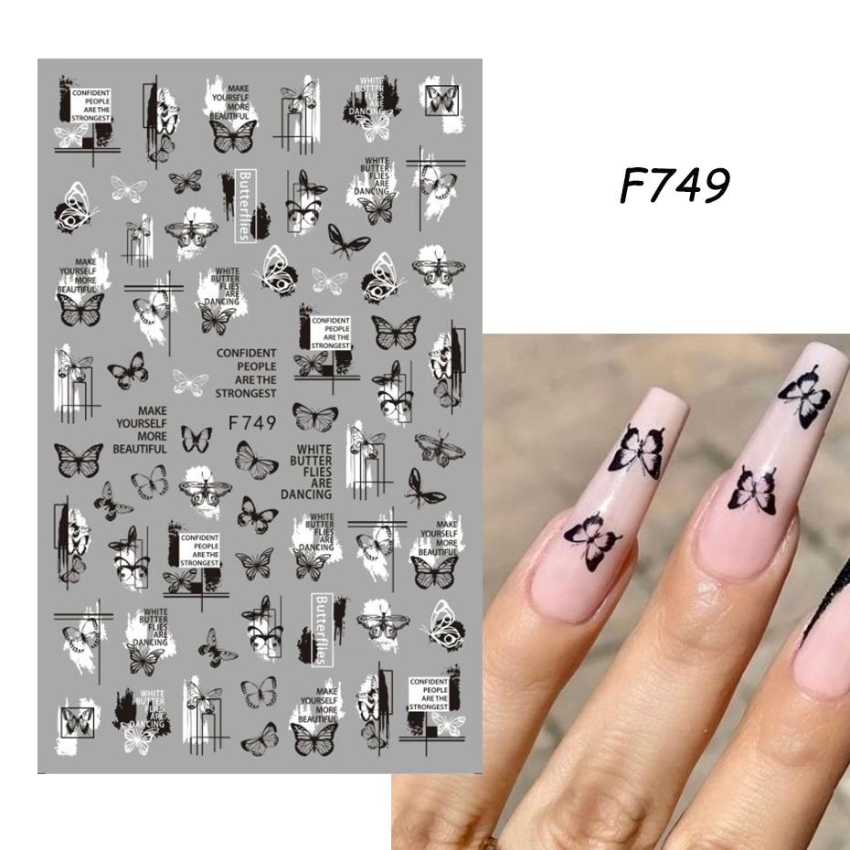1 ark 3D självhäftande nagelklistermärken Dekaler Bokstav Blomma Löv Fjäril Våglinje Nail Art Decoraton