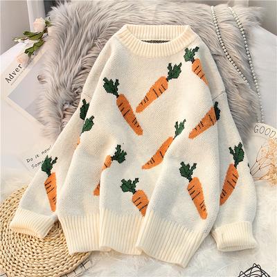Autumn Winter Radish Pattern Knitted Pullover Women's Lazy Wind Loose Design Thin Outerwear Style Comfortable Versatile Knit Tops
