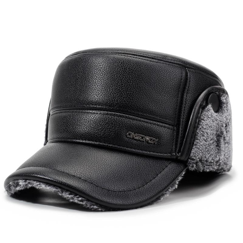 Men's PU Flat Top Hat Winter Warm Ear Protection Hat for Middle-Aged and Elderly Cotton Hat Thick Cold-Proof Cap