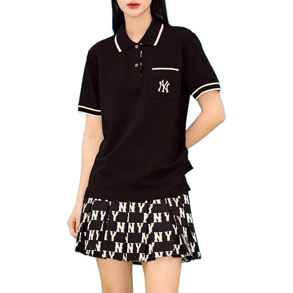 MLB Womens Monogram PQ T-Shirts New York Yankees Button Pocket Striped Short Sleeve Women T-Shirts Black 3FPQM0433-50BKS