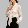 Women's Satin Blouse with Tie Front V-Neck Long Sleeve for Work and Casual Wear