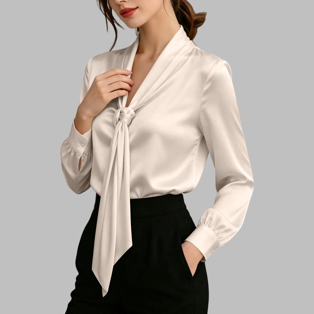 Women's Satin Blouse with Tie Front V-Neck Long Sleeve for Work and Casual Wear