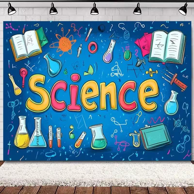 2D Cartoon Science Tapestry with Lab Flasks & Microscopes Classroom Wall Decor 47.2x31.5inch/120*80cm