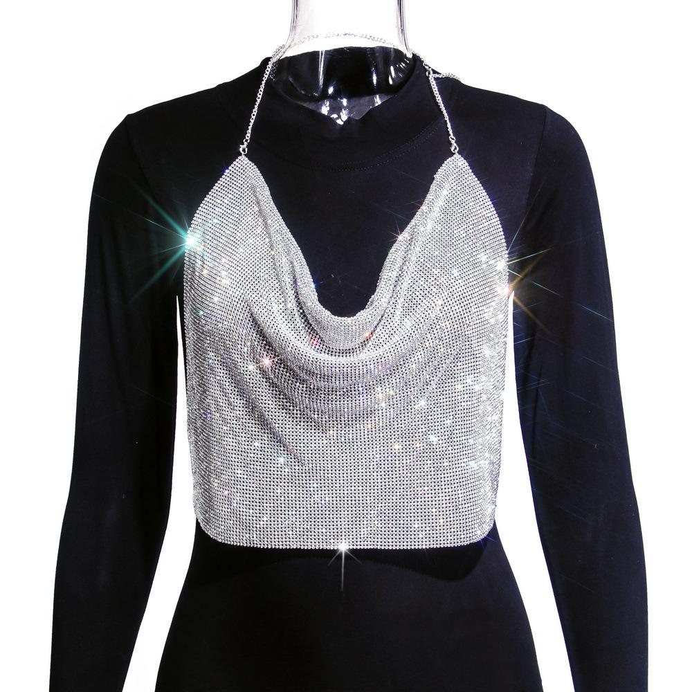 European & American Fashion Rhinestone Chain Strap Deep V Backless Crop Top