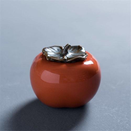 gannbarou Tea Canister, Moisture and Oxidation Preventive Tea Container, Tea Ceremony Utensils, Realistic Persimmon Design, Ceramic Decor, Ornament, H