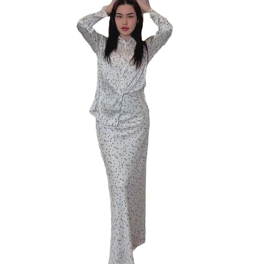 2024 Autumn Retro Print Shirt & Midi Skirt Two-Piece Set for Women