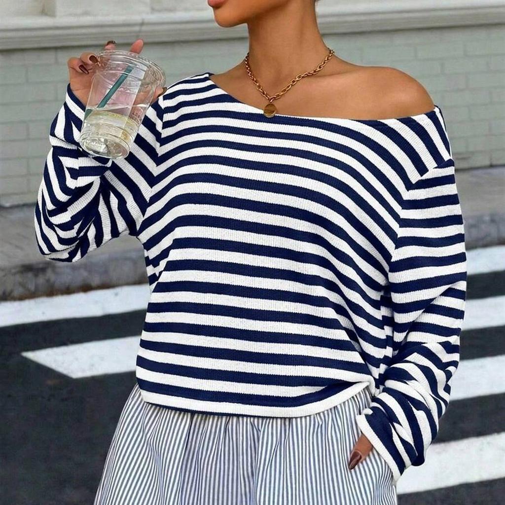 Damen Freizeit Gestreifter Strick Langarmshirt Lockerer Sitz Tief angesetzte Schultern Pullover Pullover Leichtes Weiches Stoff Oberteil für den Alltag