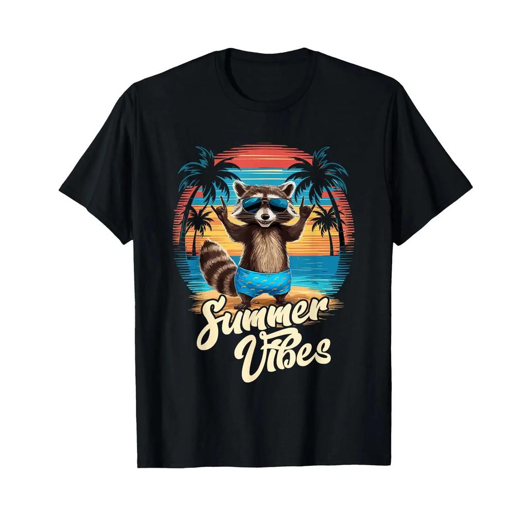 Beach Caribbean Party Hawaii Holiday Surfer Raccoon Summer T Shirt Vintage Soft Unisex Designer Clothes Stretched