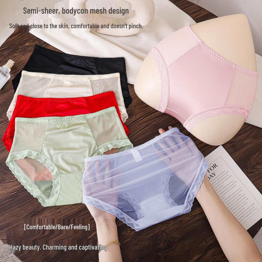 Women's Mid-Waist Ice Silk Lace Underwear - Summer Mesh Satin, Sexy Solid Color with Cotton Crotch