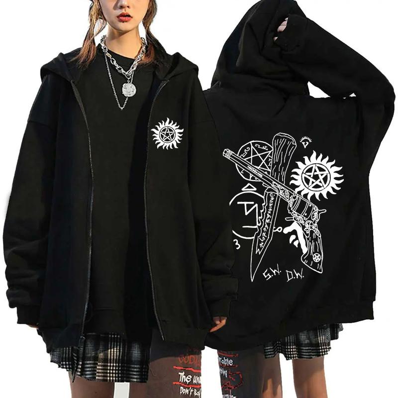 Supernatural Printed Zipper Hooded Fashion Women Men Sweatshirt Casual Sport Hoodie Personality Zipper Long Sleeve Coat S