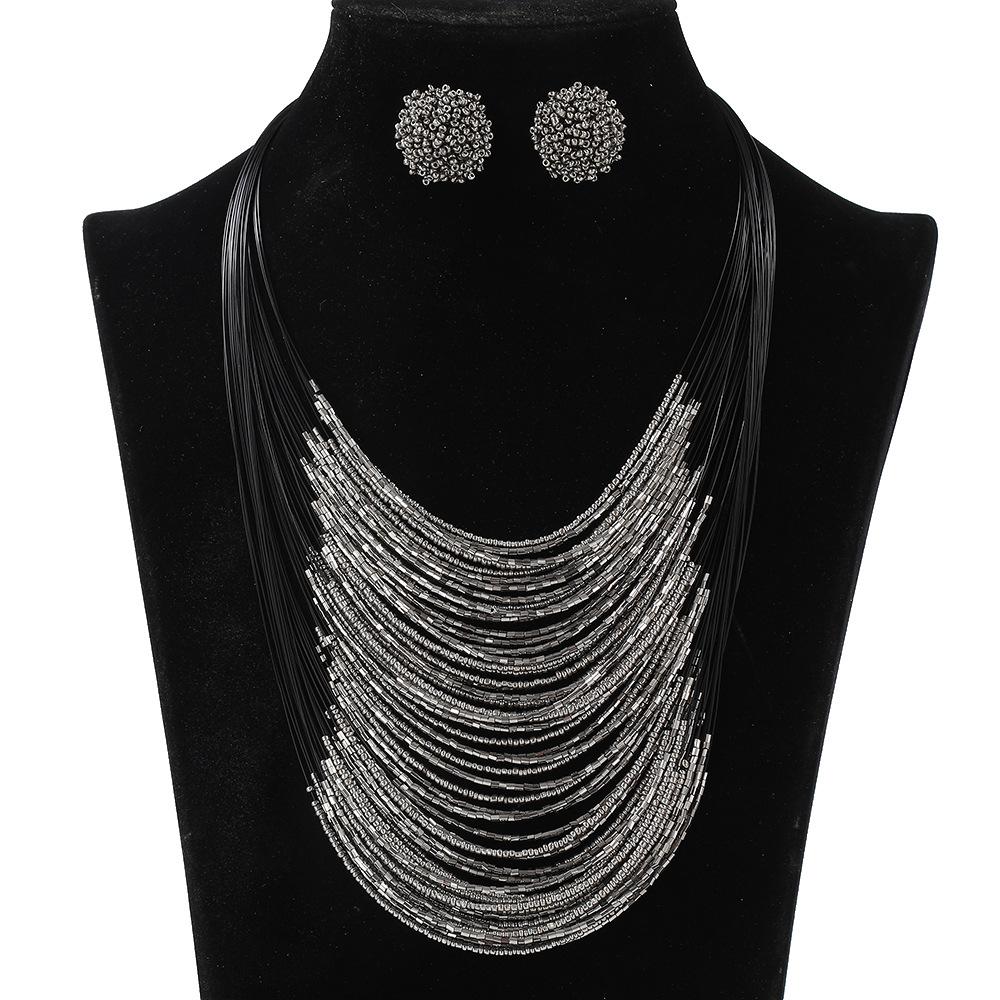 Bohemian Multi-Layer Rice Bead Necklace Earrings Set Retro Ethnic Style Sweater Chain Women'S Multi-Layer Jewelry