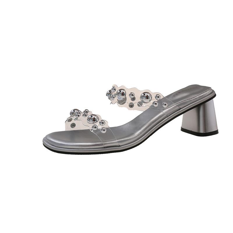 Temperament mit Rock transparent dicker Absatz Damenschuhe 2025 Sommer neu Französische Strass offene Kristallschuhe sexy Ein-Wort-Sandalen