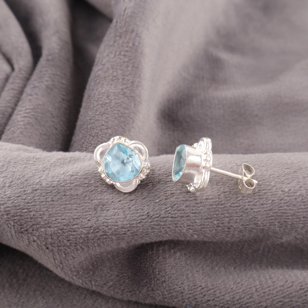 Sky Blue Topaz Gemstone Earrings 925 Fine Silver Handmade Jewelry Wedding Studs EE-159-11