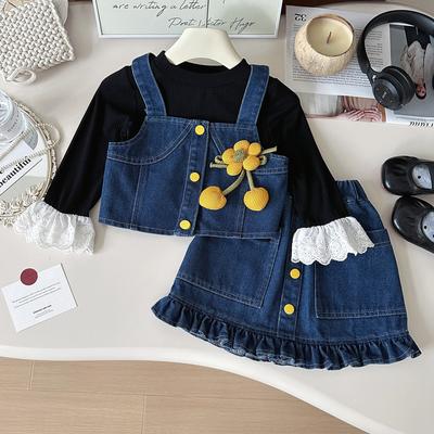 Conjunto de Macacão Saia Jeans para Meninas 2 Peças Primavera Outono Roupa Fashion para Bebê Roupa Casual Jeans Fofa para Crianças Pequenas