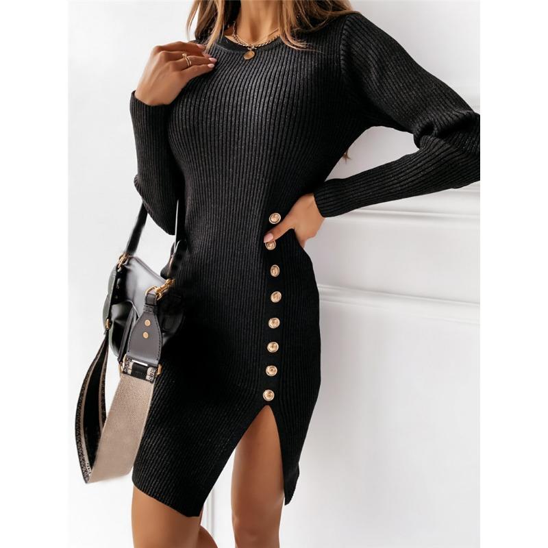 

Новые женские платья осень-зима однотонные с длинными рукавами, высоким воротом, декорированные пуговицами, с разрезом XXL чёрный