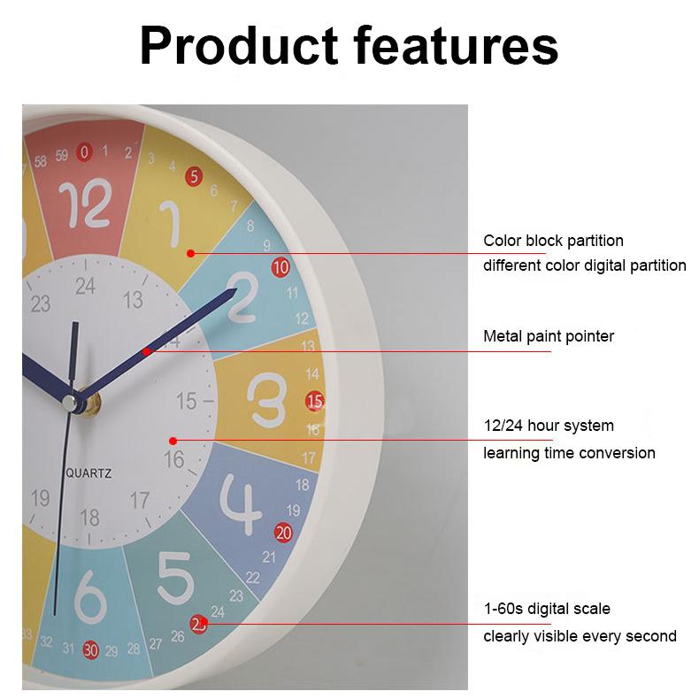 10inch Colorful Wall Clocks Silent Movement Teaching Clock For Classroom Playroom Nursery Bedrooms Kids Room