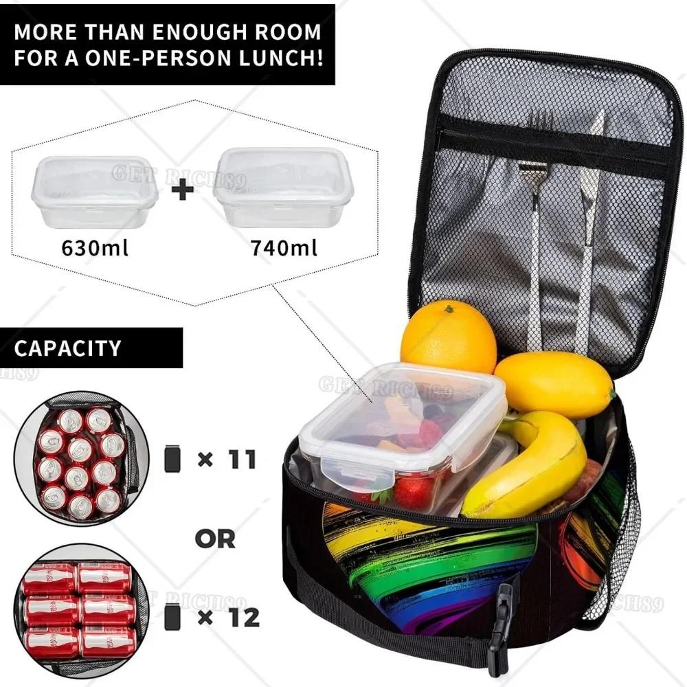 Regenbogenflagge Herz auf Schwarzem Hintergrund Tragbare Lunchtasche für Damen Herren Isoliert Wiederverwendbare Box für Büroarbeit Picknick Strand