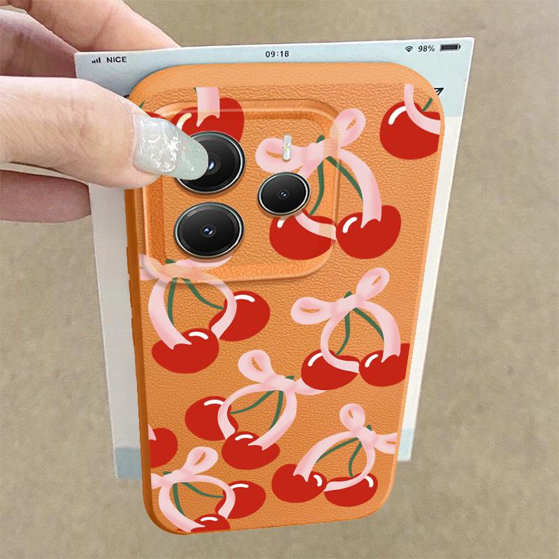 Cartoon Cherry Fruits Case For Xiaomi 13T Pro Redmi Note 15 Pro 4G Redmi Note 14 13 Pro+ 5G Leather Texture Silicone Cover