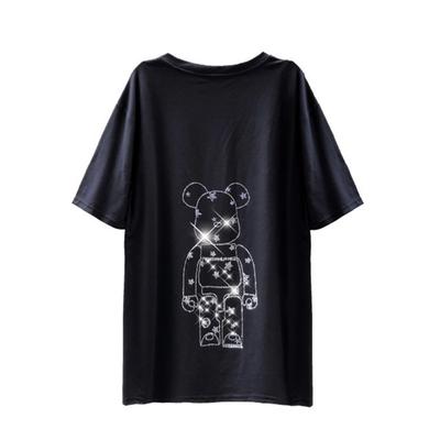 Bear Hot Diamond Black Short-sleeved T-shirt for Women Loose Spring and Summer New Mid-length Personalized Top