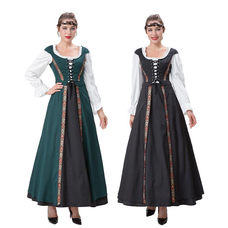 Stylish Renaissance Inspired Square Neck Dress Set In Rich Colors For Theatrical Performances