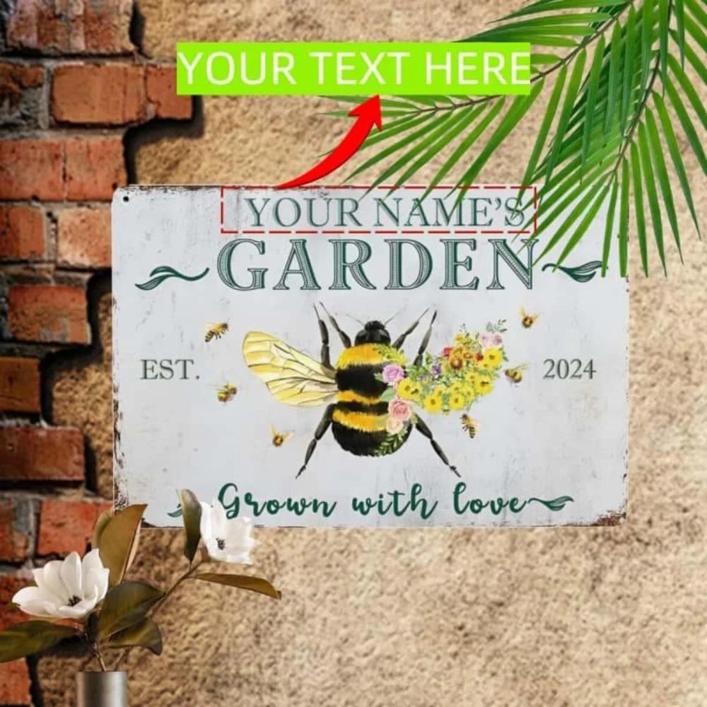 Custom Bee Garden Aluminum Sign Personalized Name Year Floral Wall Plaque Outdoor Patio Decor