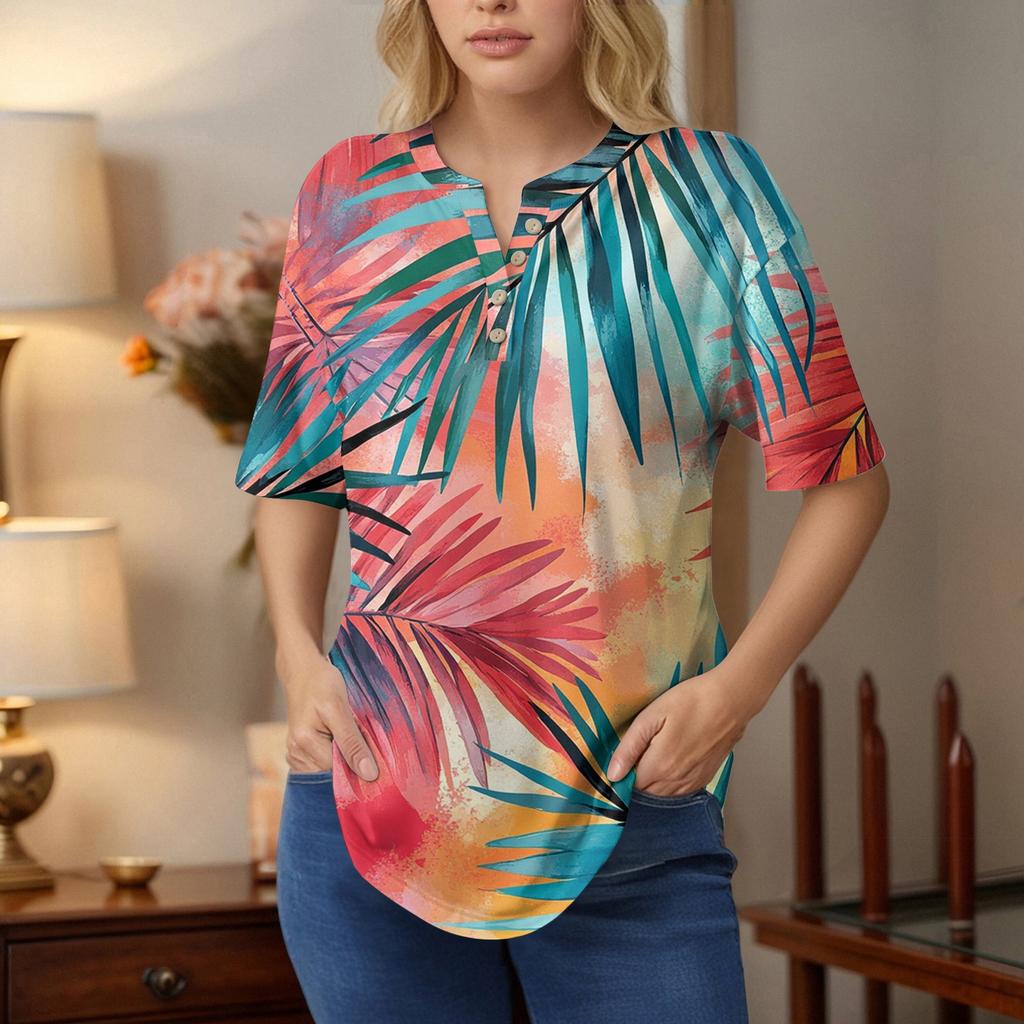 Dámské topy s krátkým rukávem, letní trička, květinový potisk, výstřih do V, ležérní základní trička s knoflíky, tuniky