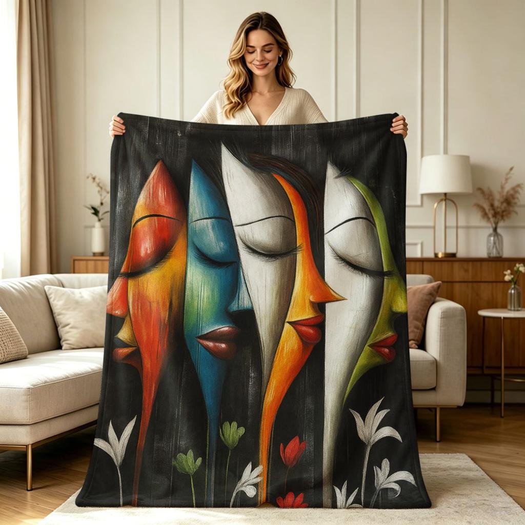All Season Flannel Blanket with Abstract Colorful Face Floral Art Print Soft Warm Throw Blanket for Couch Sofa Bedroom Living Room Office Home Decor