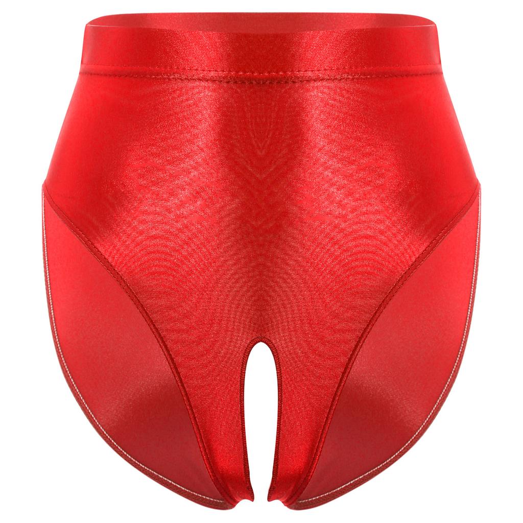 Womens Glossy Stretchy Panties High Waist Open Crotch Design Elastic Waist Sexy Underwear Lingerie