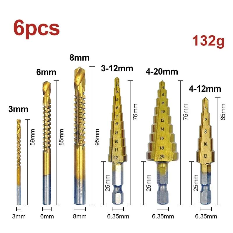 6Pcs Step Saw Drill Bit Set,HSS Titanium Drill Bits Kit for Metal Iron&Wood, 4-12 4-20 4-32mm 3 6 8mm Drilling Hole Cutter Tools