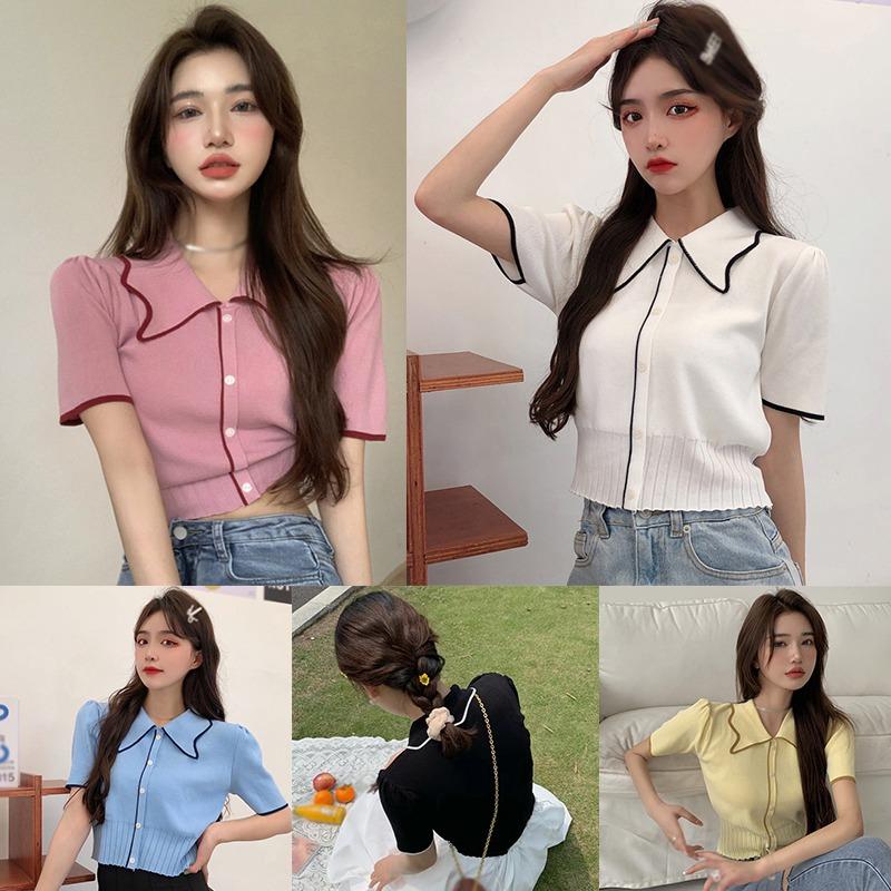 

Женский вязаный кардиган с лацканами-бабочкой, топы с короткими рукавами