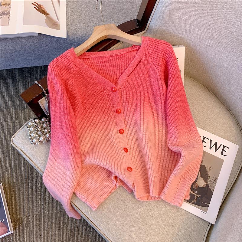 Gentle Wind Gradual Change Color V-neck Knitted Cardigan Women's Autumn and Winter Senior Sense Outside with Soft Waxy Coat Sweater