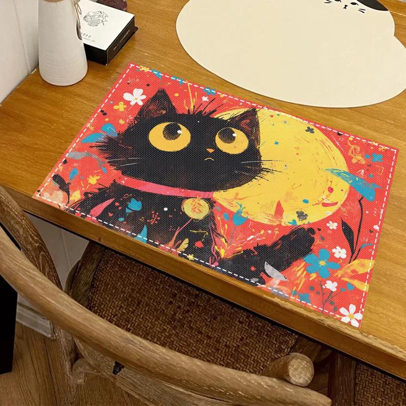 1PC Cartoon Black Cat Print Placemat Dining Table Decor Linen Tableware Coaster Set Kitchen Accessories For Kids Birthday Party