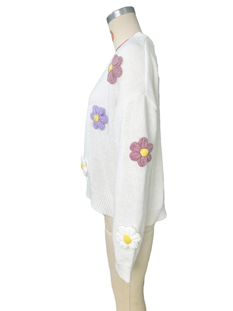 Floral Pattern Button Knit Cardigan - Cute 2024 Loose Long Sleeve Sweater