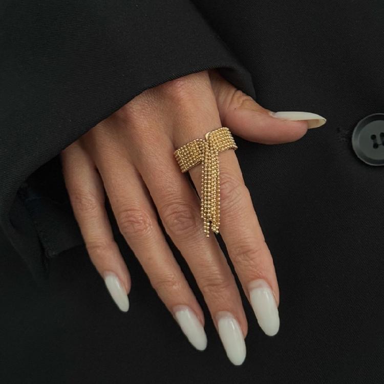 Party Outfit Ring with Flowing Drop Detail, Bead Chain Statement Design and Open Metal Tone Fit for Streetwear