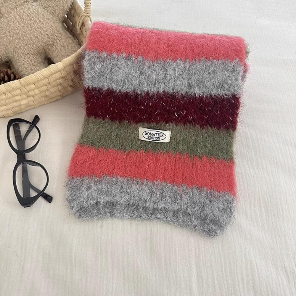Preppy Style Stripe Scarf Plush Knitted Shawl Simple Plaid Wool Scarf  Girl