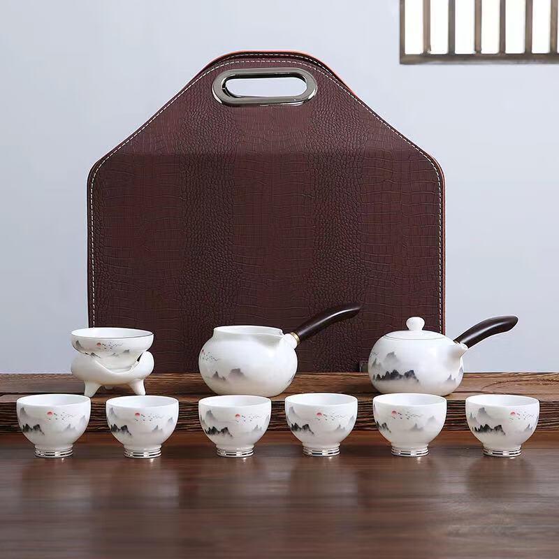 Underglaze Blue Landscape Mutton-fat Jade Porcelain Tea Set